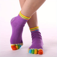 Rainbow Yoga Socks Five Toes Non Slip Towel Bottom Knitted Calf Women's Socks