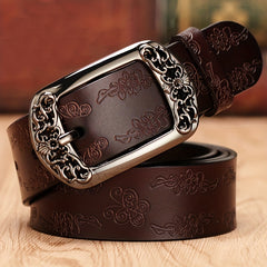 Vintage Embossed Leather Belt with Rectangular Buckle