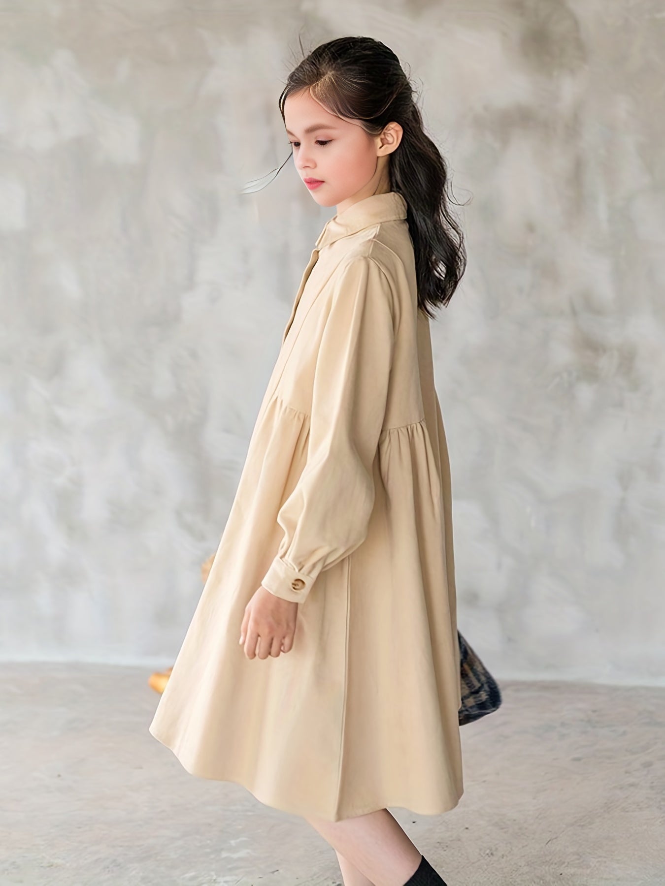 Girls Comfy Cotton Lapel Dress Thick Lantern Sleeve Button Up Dress