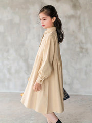 Girls Comfy Cotton Lapel Dress Thick Lantern Sleeve Button Up Dress