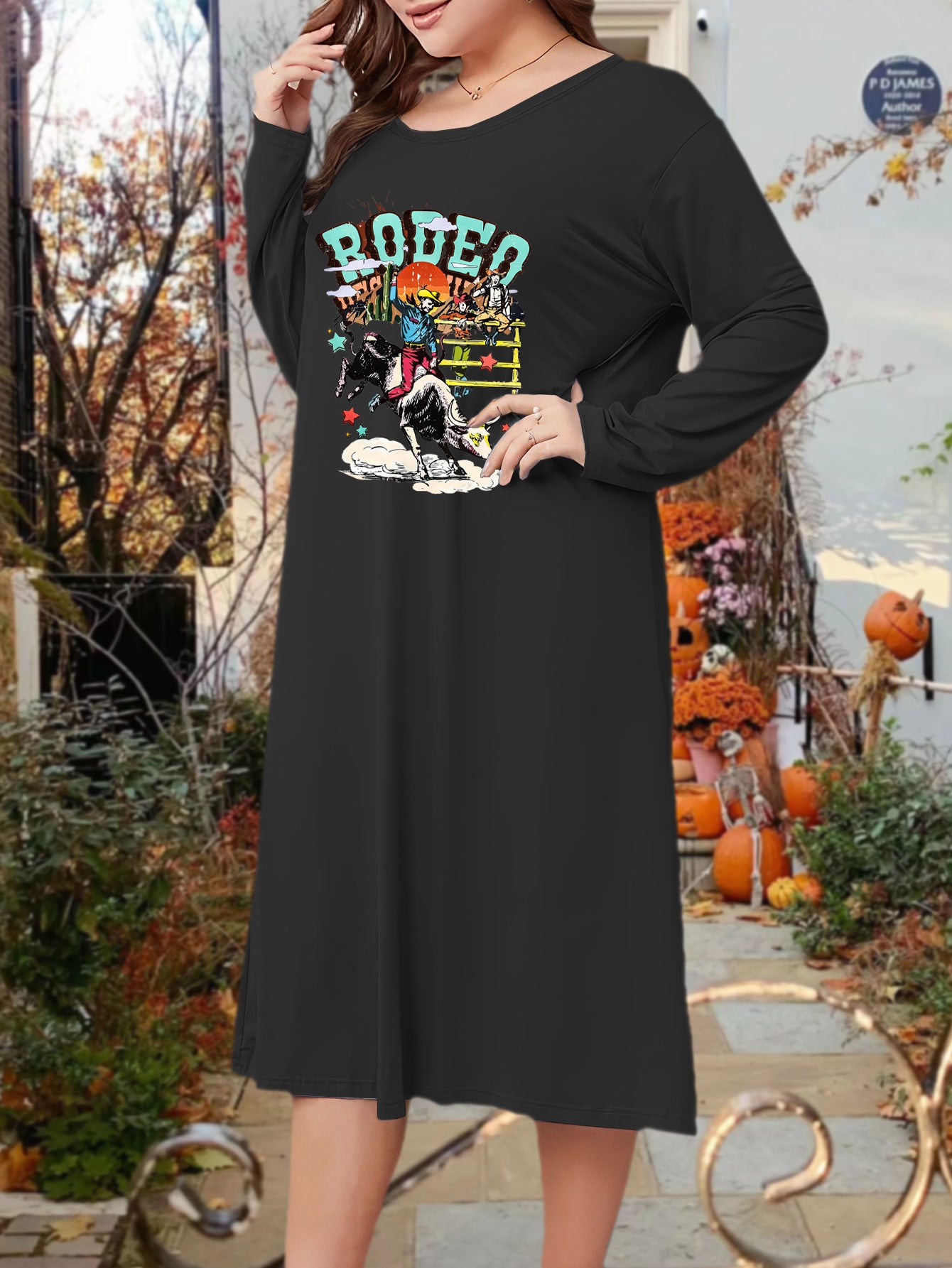 Western Style Lounge Dress Women's Plus Cowboy Print Long Sleeve