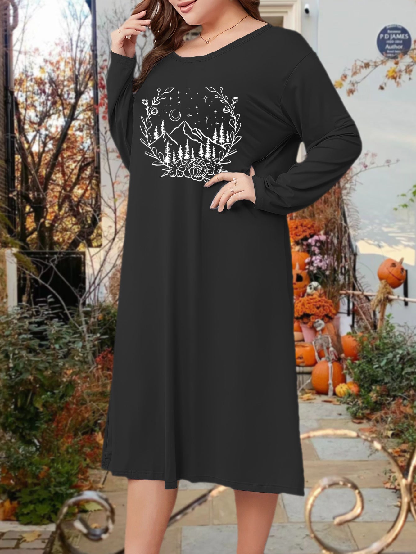 Floral & Mountain Print Long Sleeve Lounge Dress