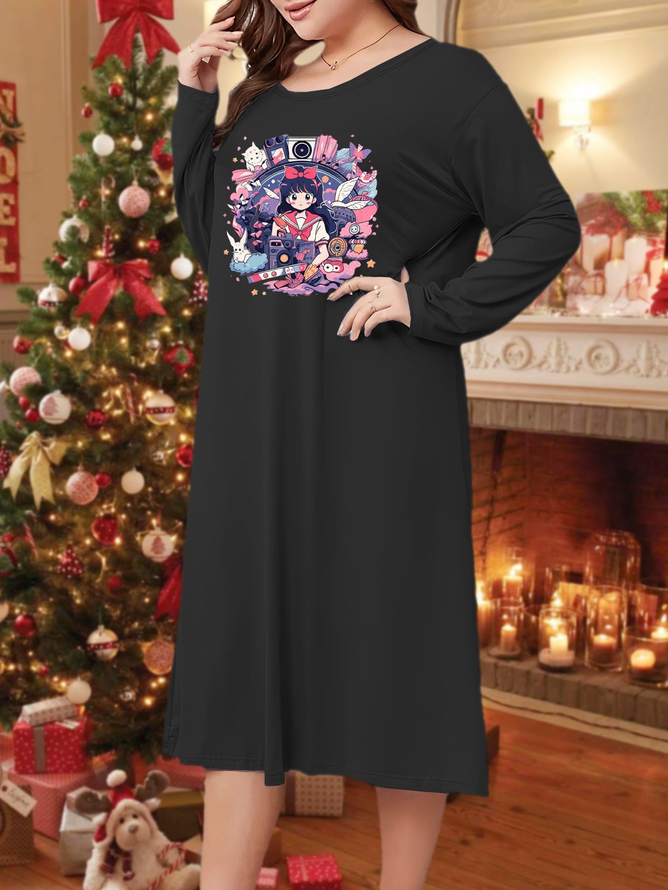 Cartoon Figure & Camera Print Long Sleeve Tee Sleep Dress