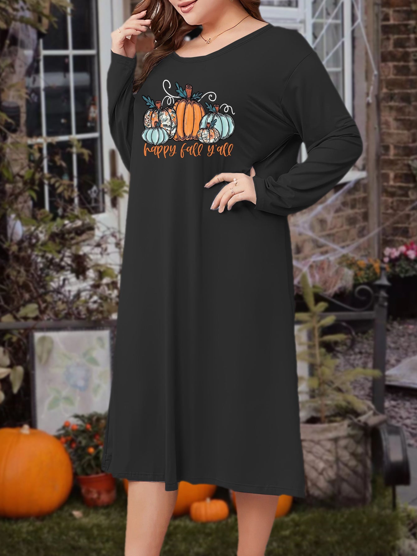 Pumpkin Graphic Long Sleeve Lounge Dress