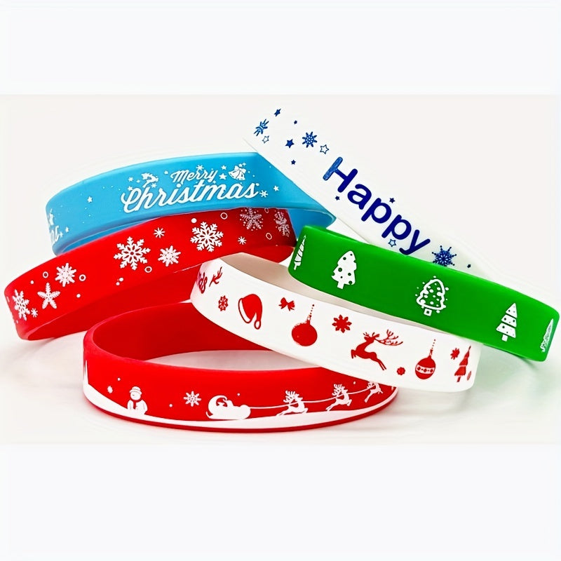 5pcs Christmas Silicone Bracelets Rubber Band Holiday Wrist Bands Party Favors