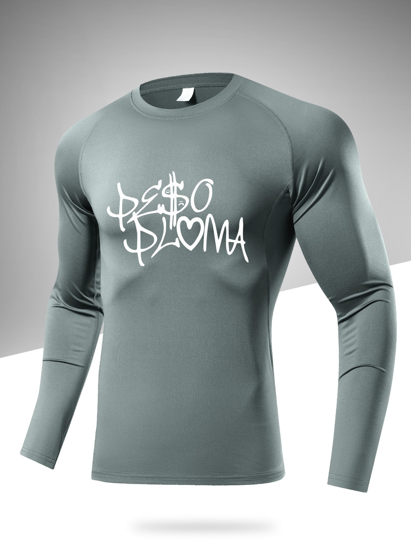 Men's Solid Letter Print Compression Shirt Long Sleeve