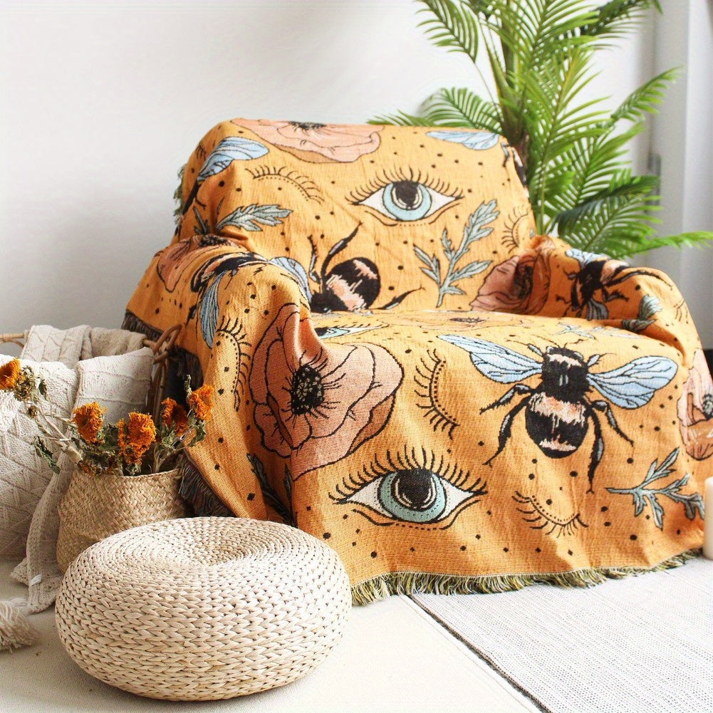 Bohemian Knitted Bee Tassel Blanket for Picnic Tapestry Sofa