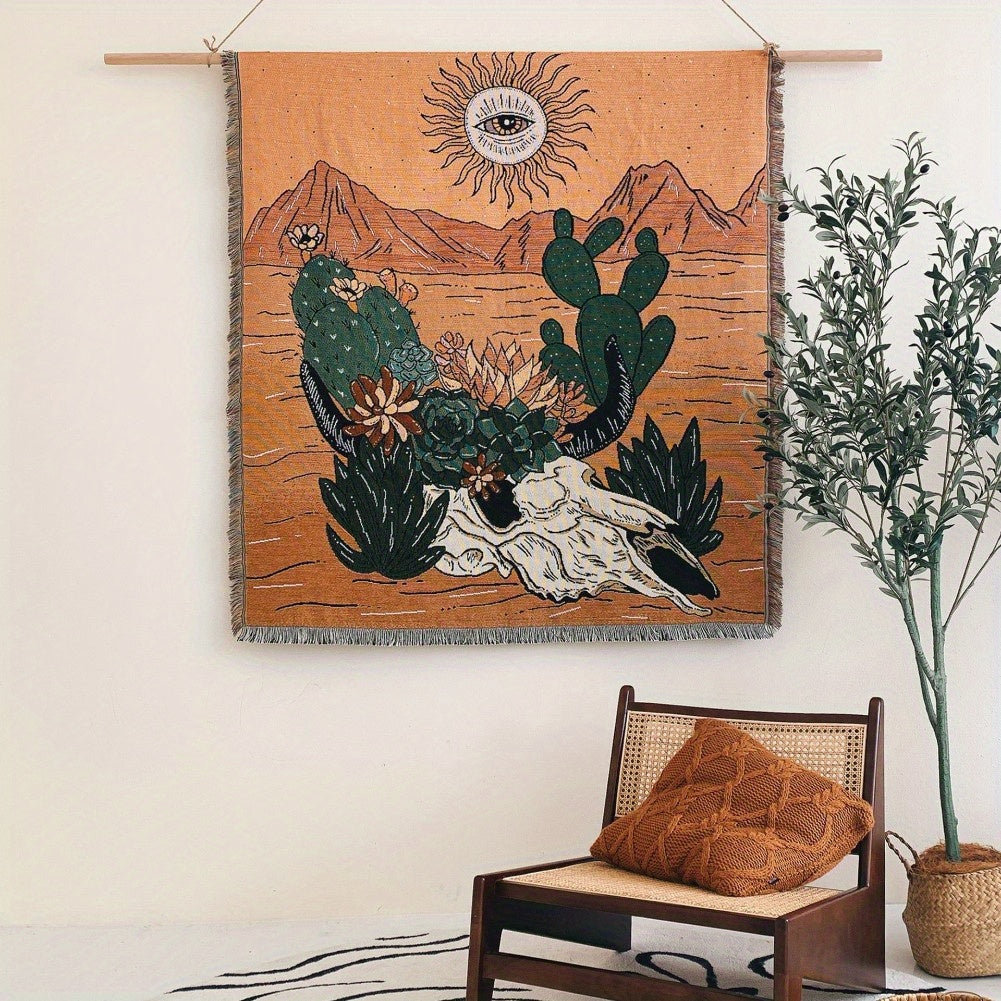 Bohemian Knit Cactus Print Tassel Blanket Casual Picnic Tapestry