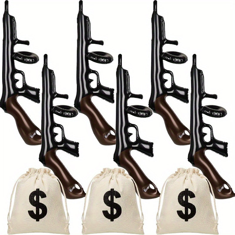 Inflatable Gun Props & Money Bag Pouch Set for Party Decorating