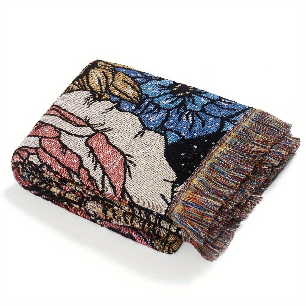 Bohemian Knitted Peony Flower Tassel Blanket