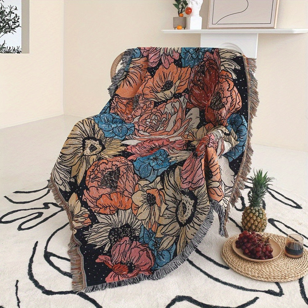 Bohemian Knitted Peony Flower Tassel Blanket