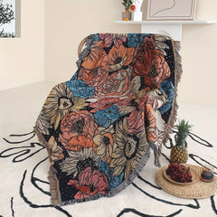 Bohemian Knitted Peony Flower Tassel Blanket
