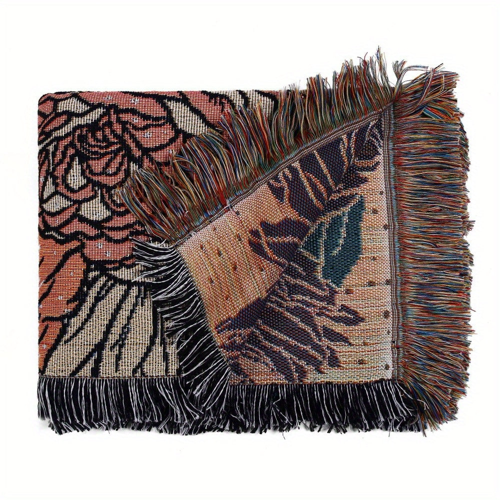 Bohemian Knitted Peony Flower Tassel Blanket