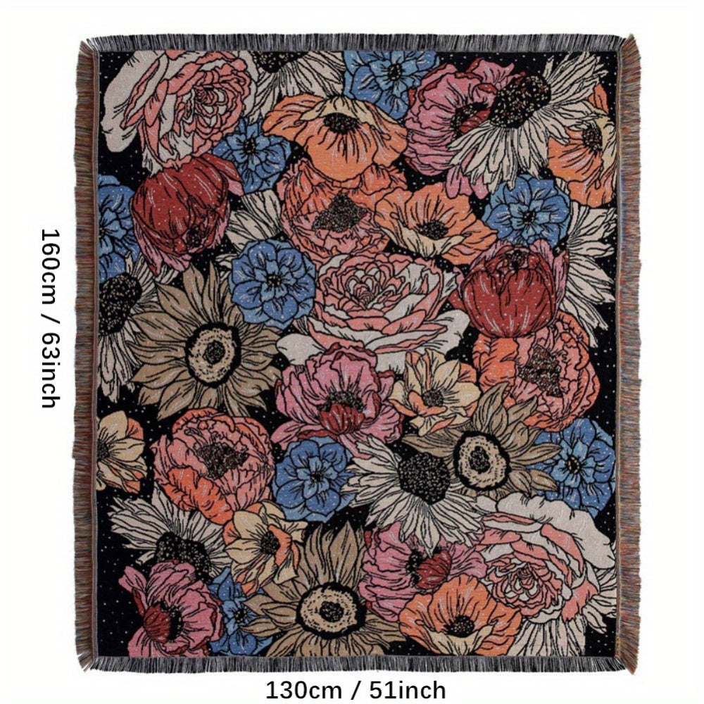 Bohemian Knitted Peony Flower Tassel Blanket