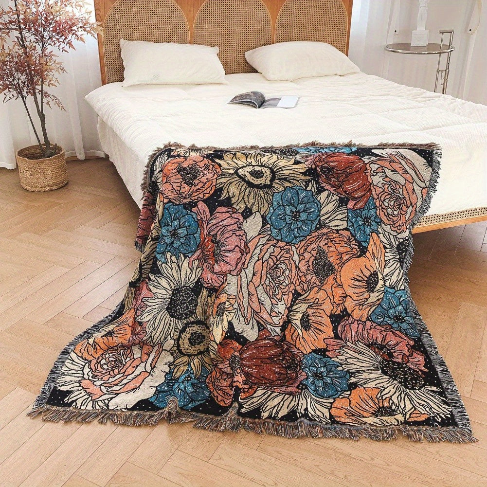Bohemian Knitted Peony Flower Tassel Blanket