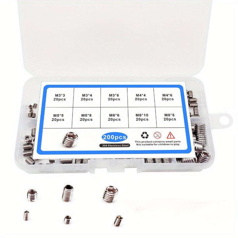 200pcs 304 Stainless Steel Screws Set Hex Head Flat Head Headless Screws