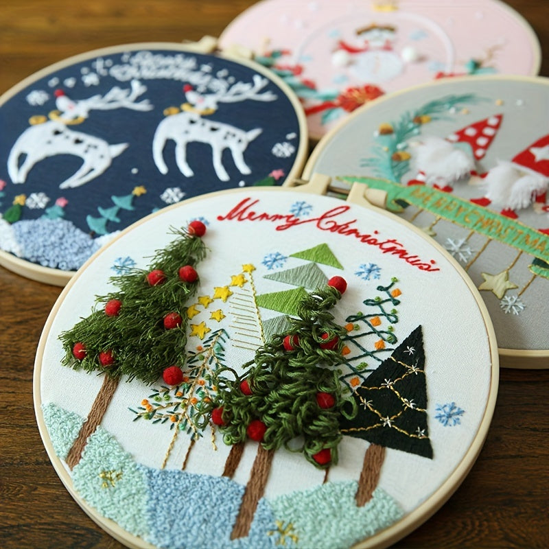 3D Embroidery Starter Kit Christmas Patterns Embroidery Cloth Hoop Threads
