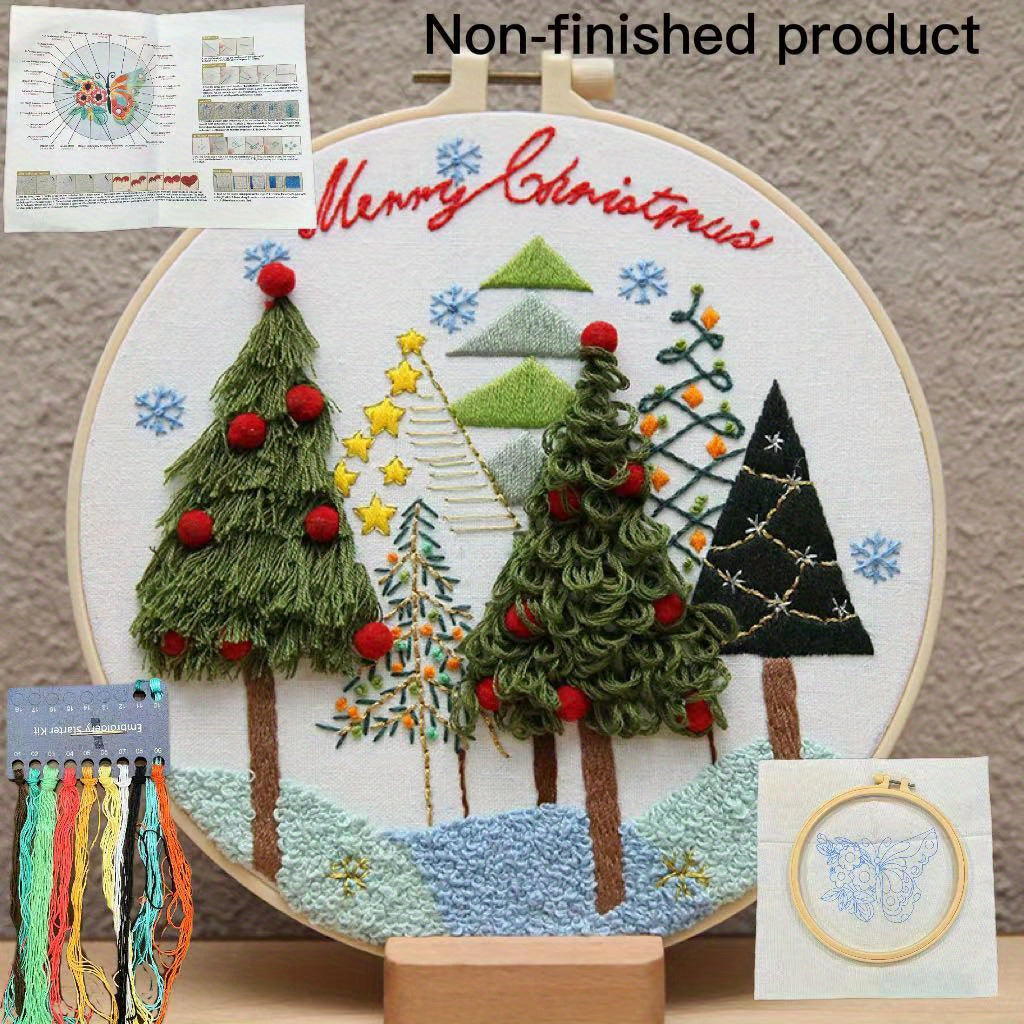 3D Embroidery Starter Kit Christmas Patterns Embroidery Cloth Hoop Threads