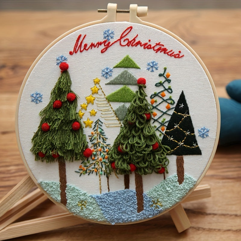 3D Embroidery Starter Kit Christmas Patterns Embroidery Cloth Hoop Threads