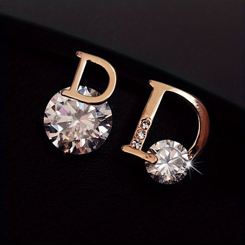 D Letter Rhinestone Stud Earrings for Women Girls