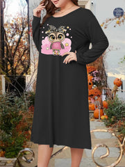 Plus Size Cartoon Owl Print Long Sleeve Lounge Sleep Dress