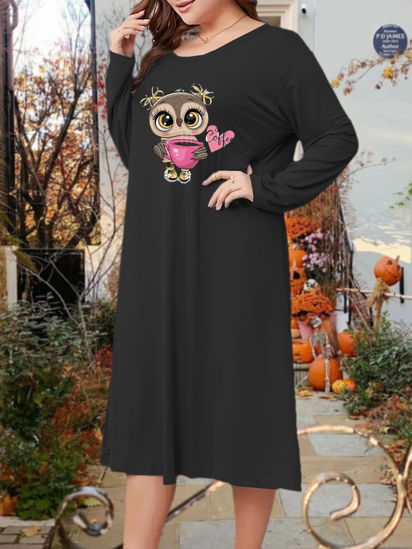 Lounge Dress Women's Plus Owl & Cup Print Long Sleeve Round Neck Tee