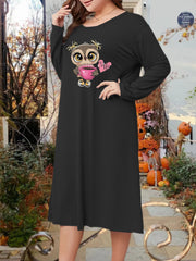 Lounge Dress Women's Plus Owl & Cup Print Long Sleeve Round Neck Tee