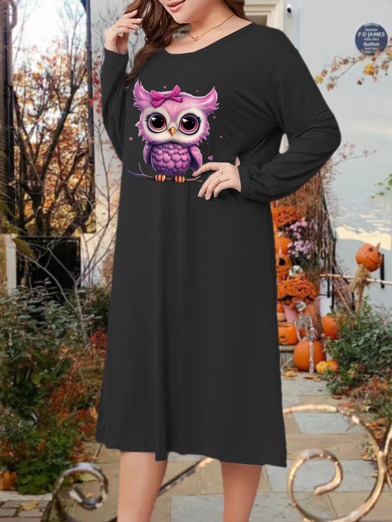 Plus Size Lounge Dress Women's Plus Owl Print Long Sleeve Round Neck Tee Dress