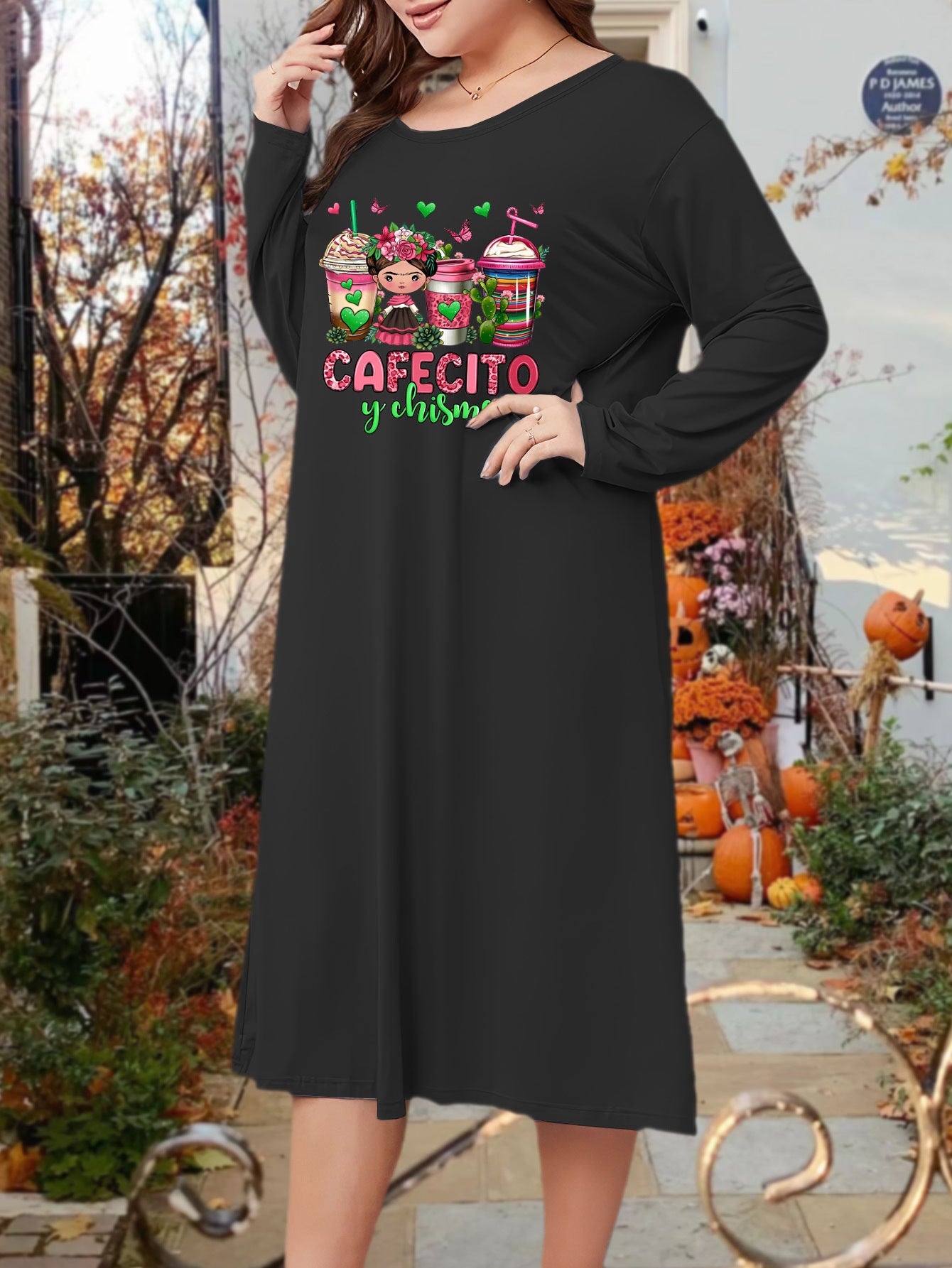 Christmas Lounge Dress Women's Plus Drinks & Cartoon Figure Print Long