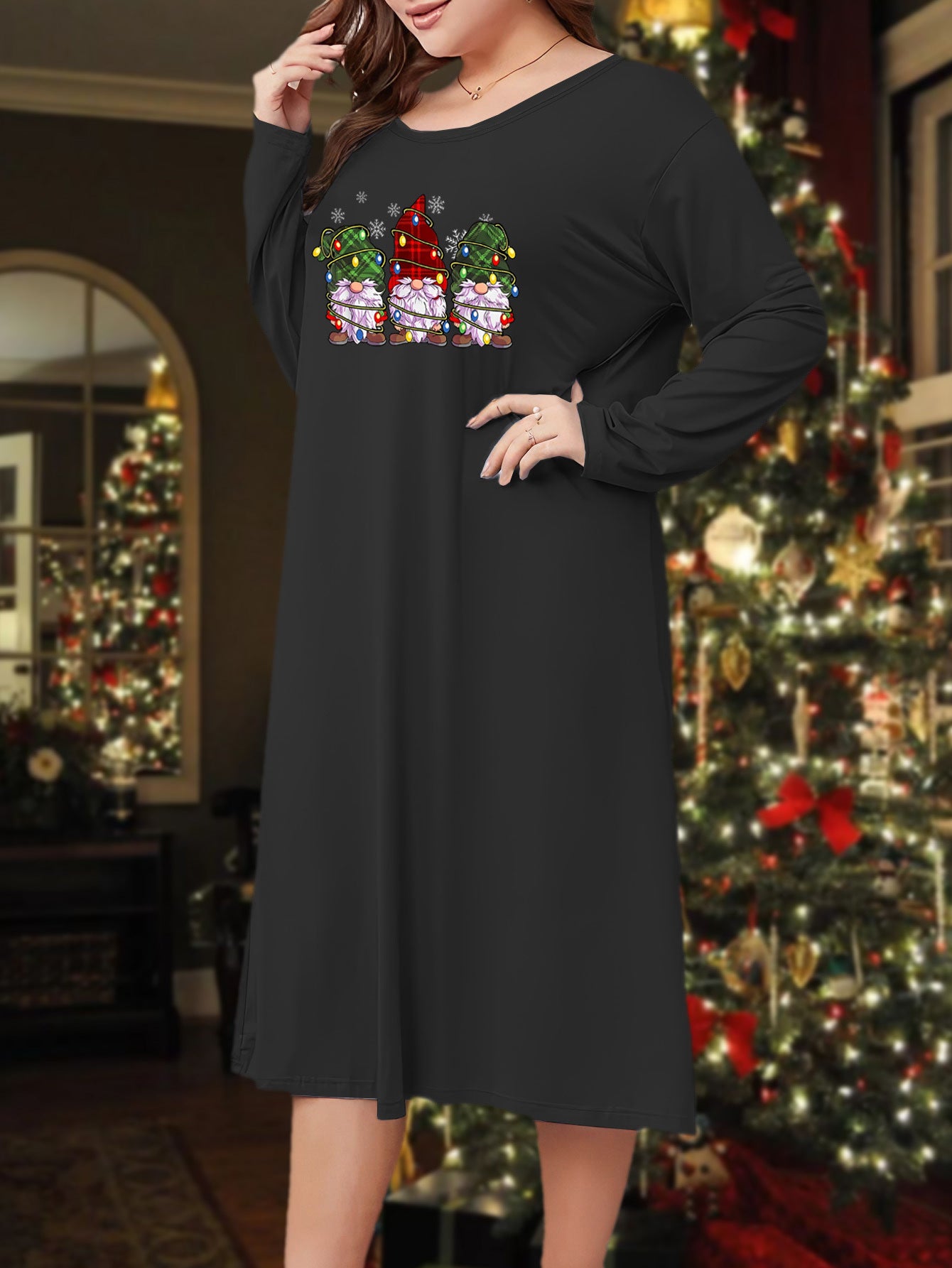 Gnomes & Snowflake Print Long Sleeve Lounge Dress