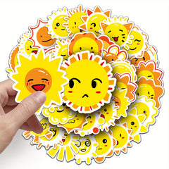 50pcs Reusable Vinyl Stickers Yellow & Orange Cartoon Faces Sun Motifs Water Bot