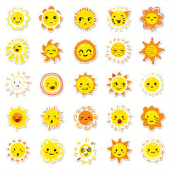 50pcs Reusable Vinyl Stickers Yellow & Orange Cartoon Faces Sun Motifs Water Bot
