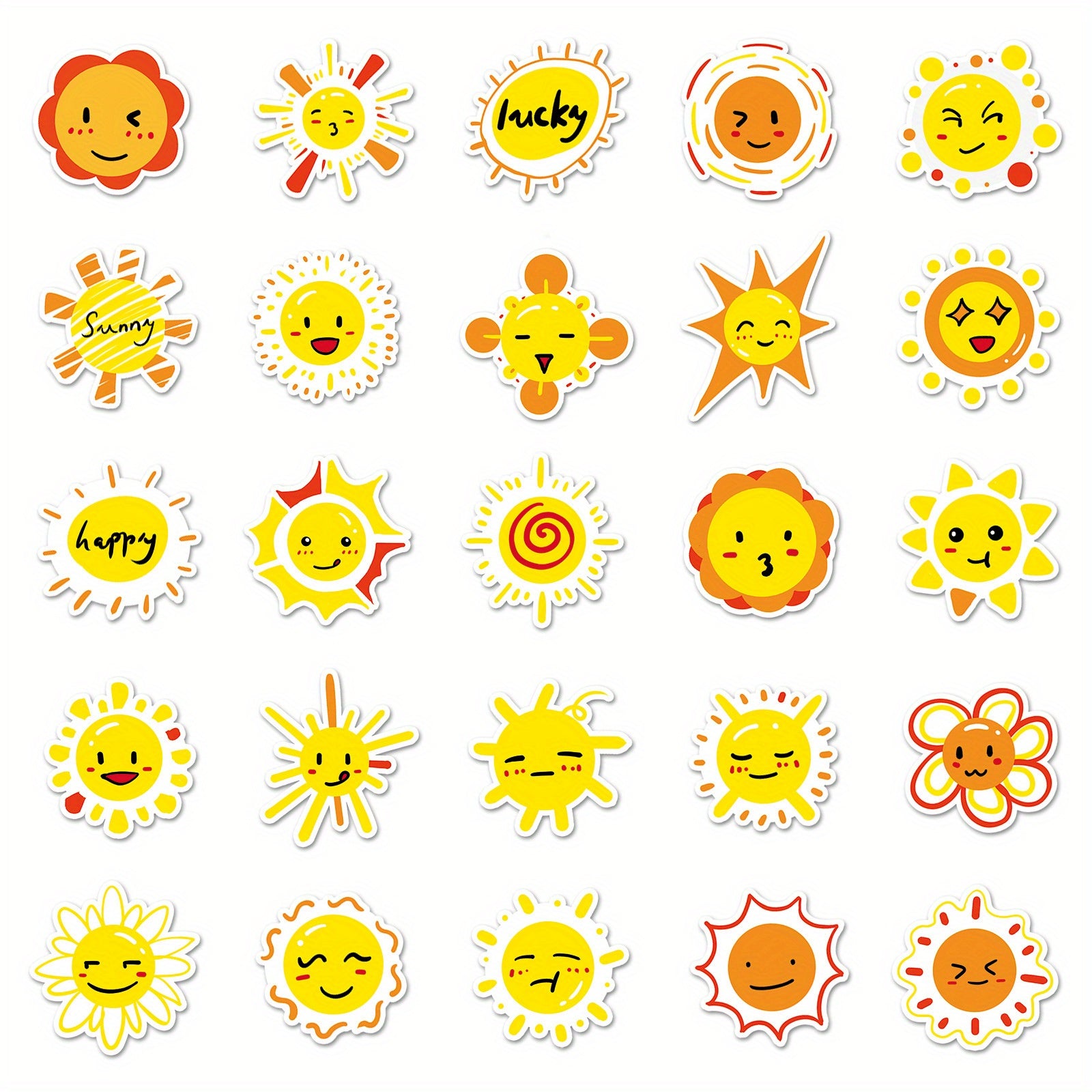 50pcs Reusable Vinyl Stickers Yellow & Orange Cartoon Faces Sun Motifs Water Bot