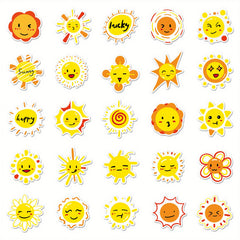 50pcs Reusable Vinyl Stickers Yellow & Orange Cartoon Faces Sun Motifs Water Bot