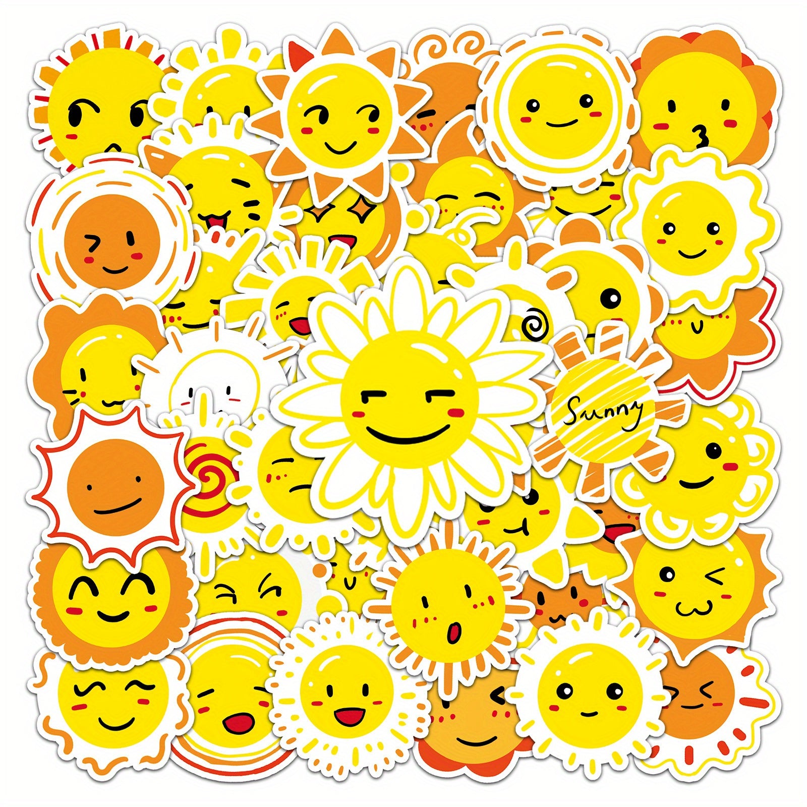 50pcs Reusable Vinyl Stickers Yellow & Orange Cartoon Faces Sun Motifs Water Bot