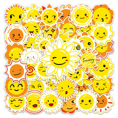 50pcs Reusable Vinyl Stickers Yellow & Orange Cartoon Faces Sun Motifs Water Bot