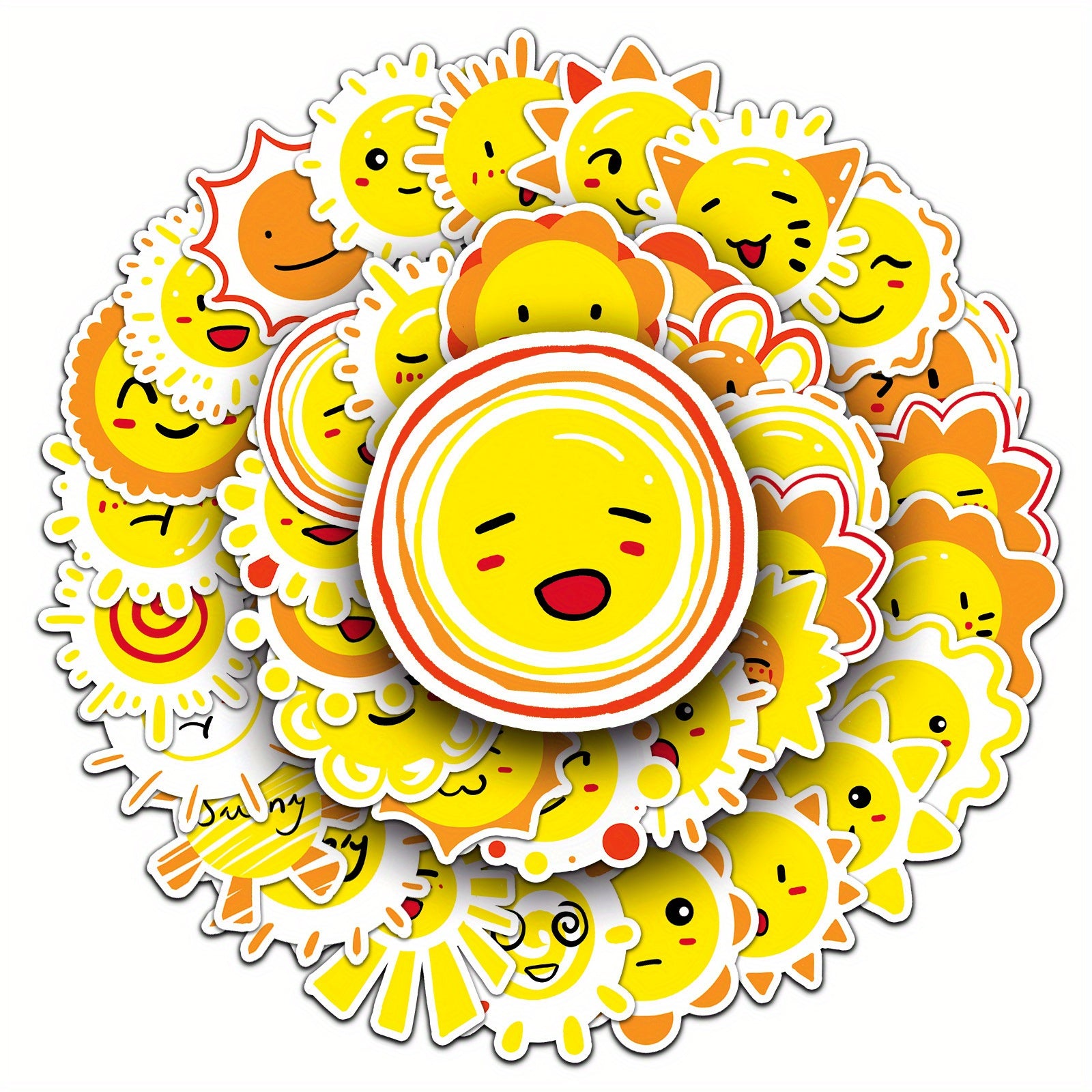 50pcs Reusable Vinyl Stickers Yellow & Orange Cartoon Faces Sun Motifs Water Bot
