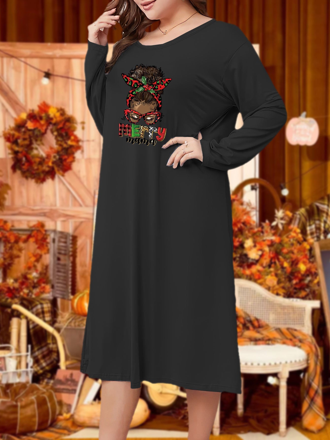 Cartoon & Plaid Print Long Sleeve Nightdress