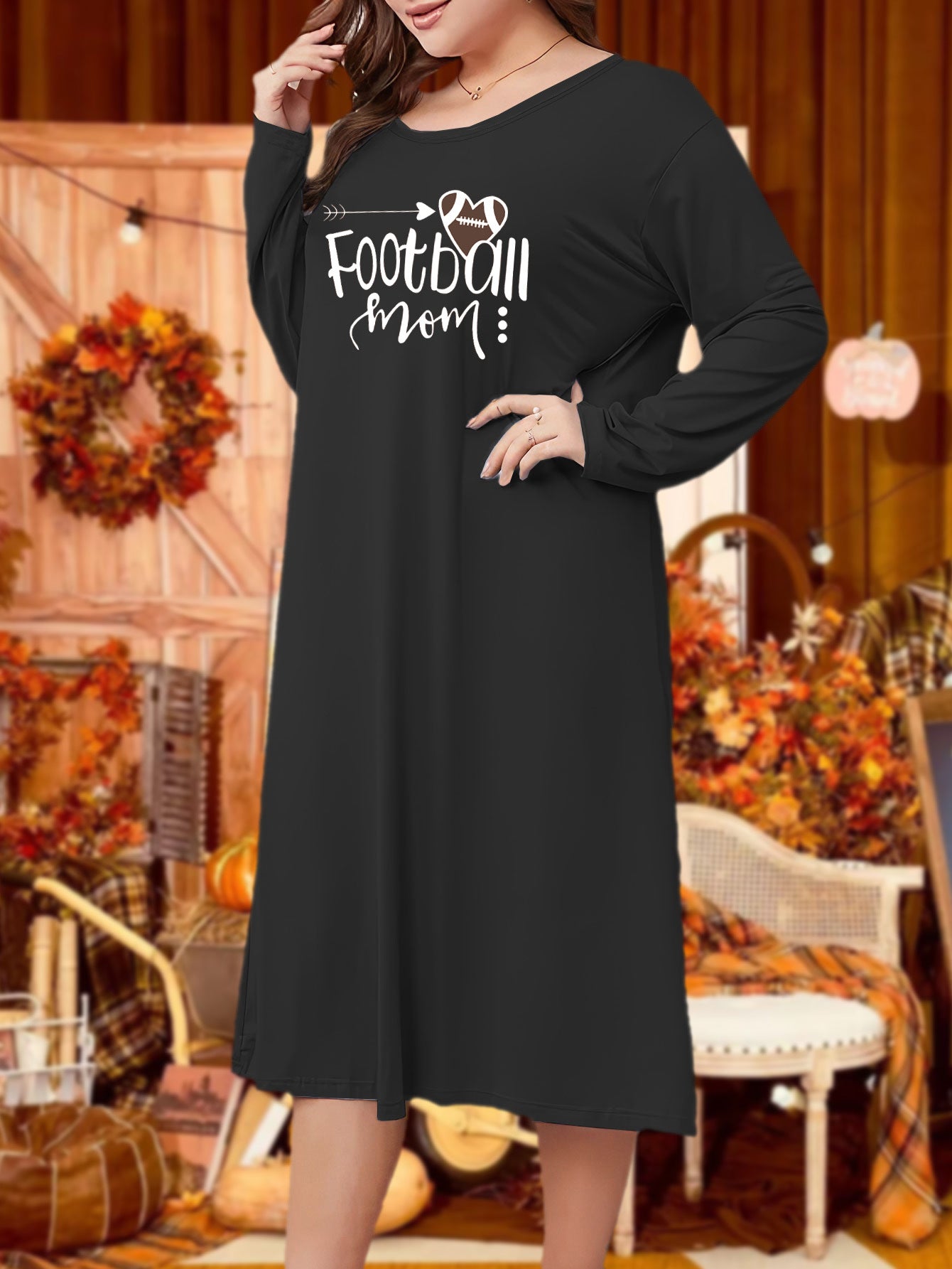 Arrow & Heart Rugby Print Long Sleeve Round Neck Tee Sleep Dress