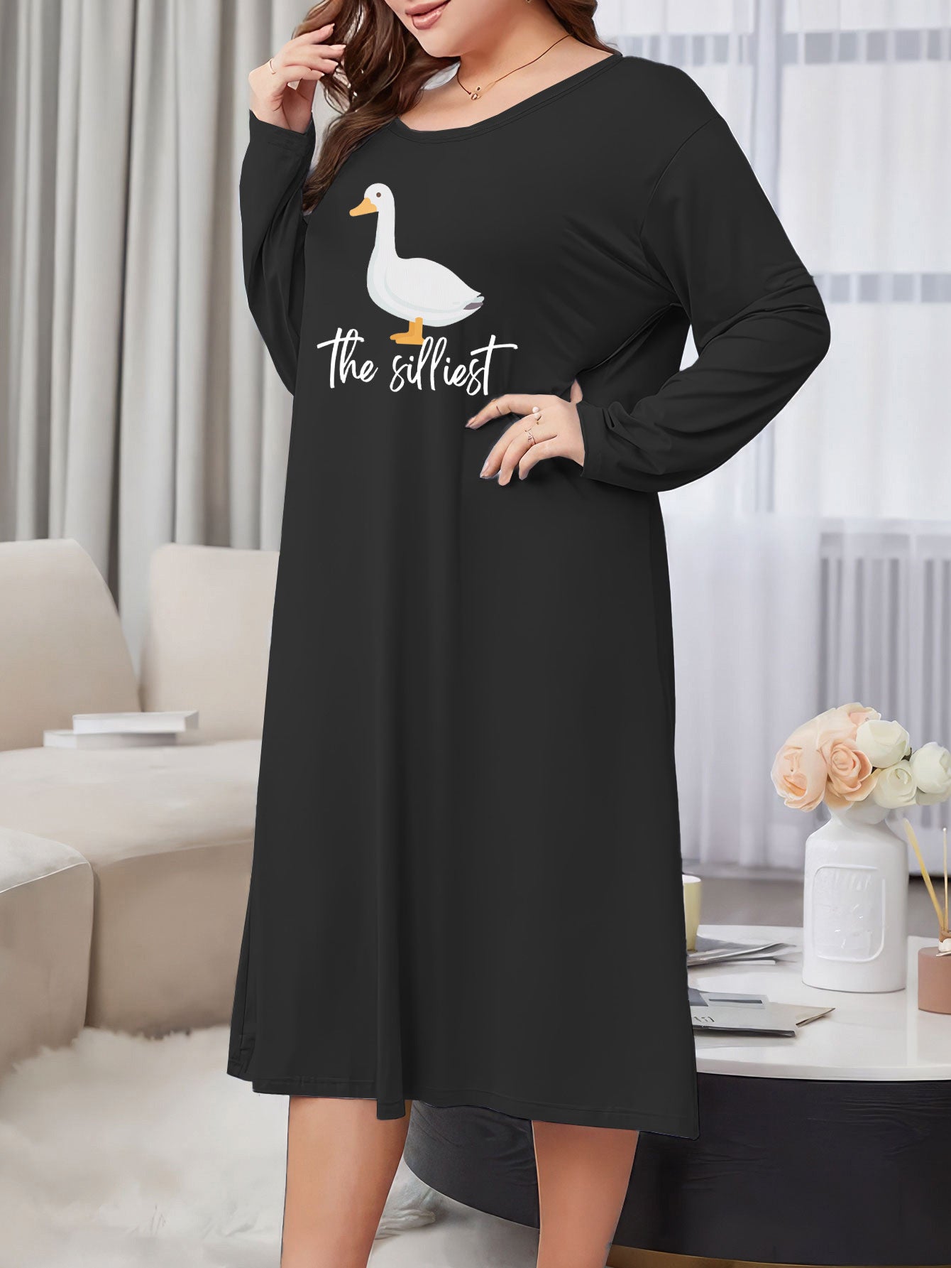 Plus Size Lounge Dress Women's Plus Goose & Letter Print Tee Sleep Dress