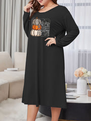 Pumpkin & Letter Print Long Sleeve Crew Neck Casual Lounge Dress