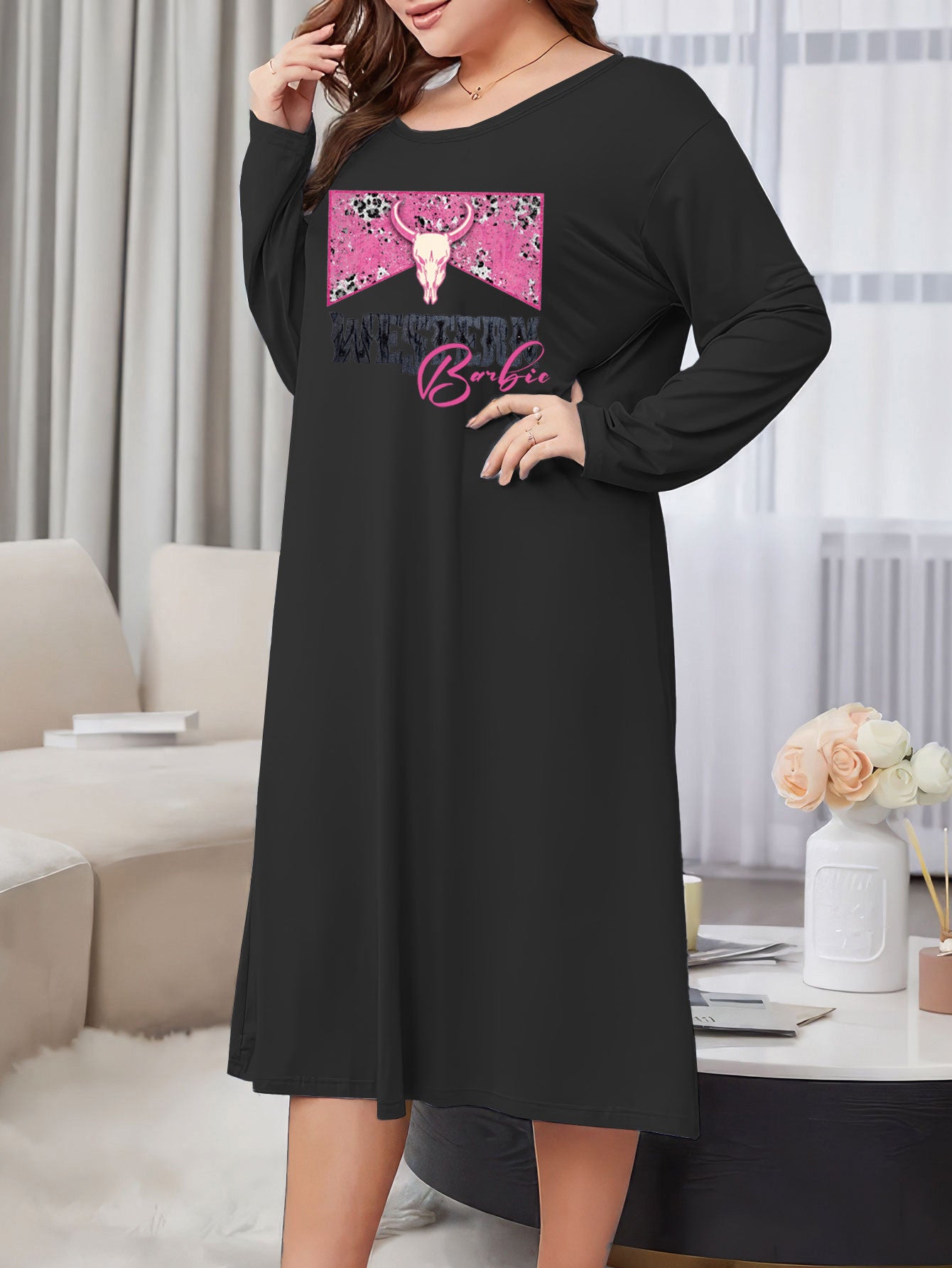 Cow Skull Graphic Long Sleeve Lounge Dress