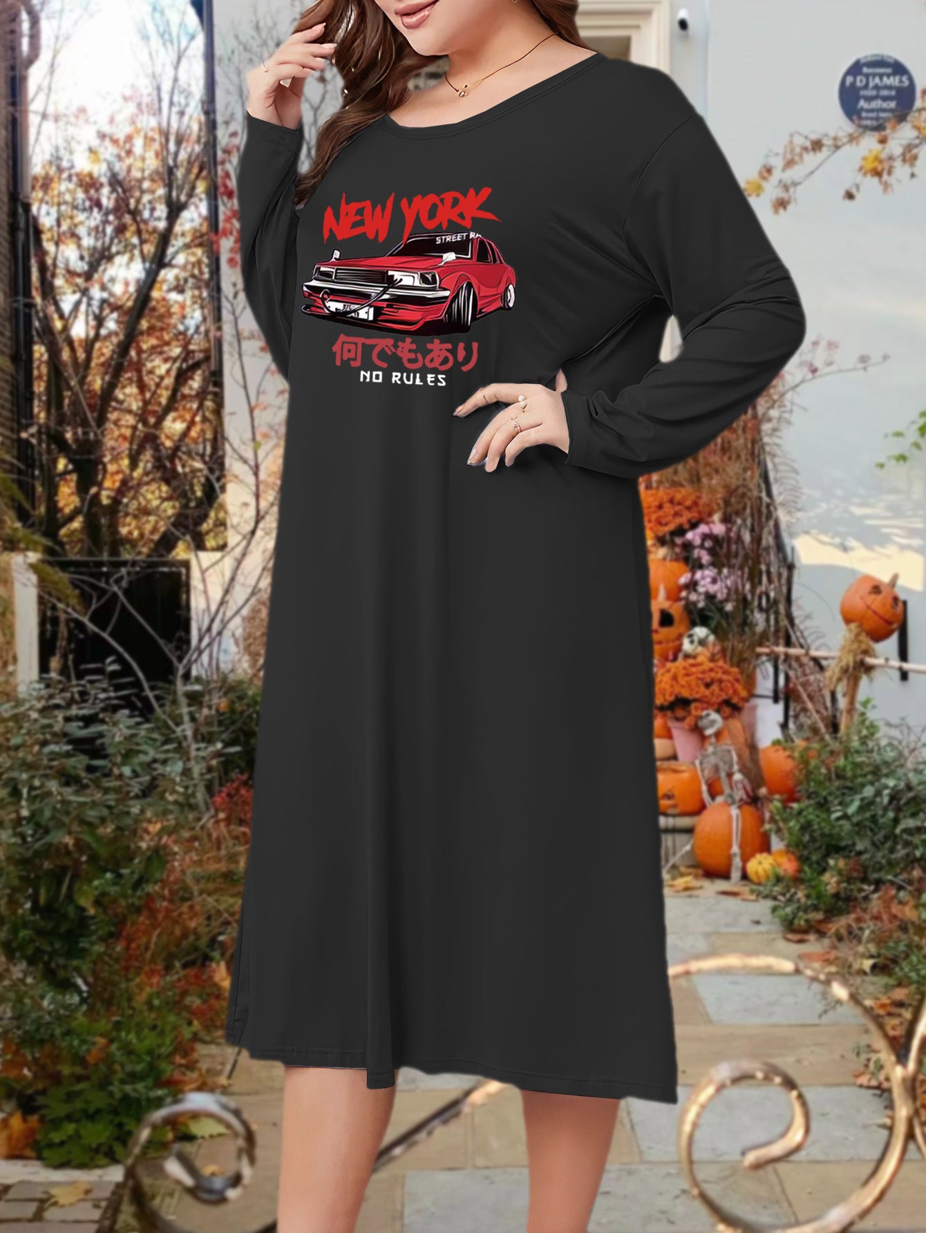 Car & Letter Print Lounge Dress Long Sleeve Crew Neck