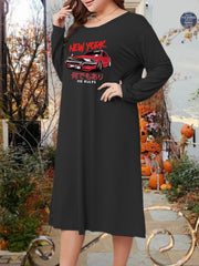Car & Letter Print Lounge Dress Long Sleeve Crew Neck