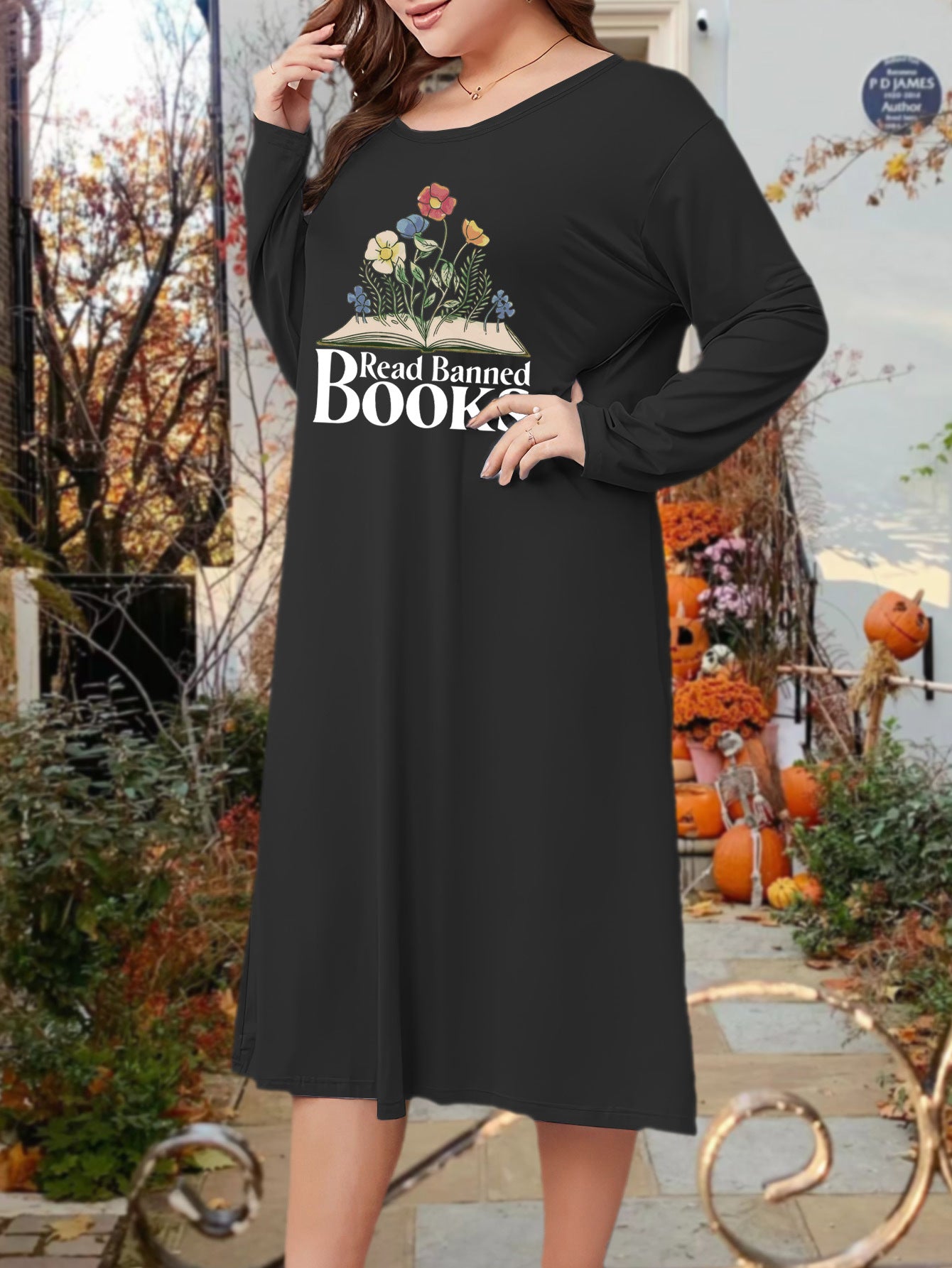 Floral & Letter Print Long Sleeve Sleep Dress