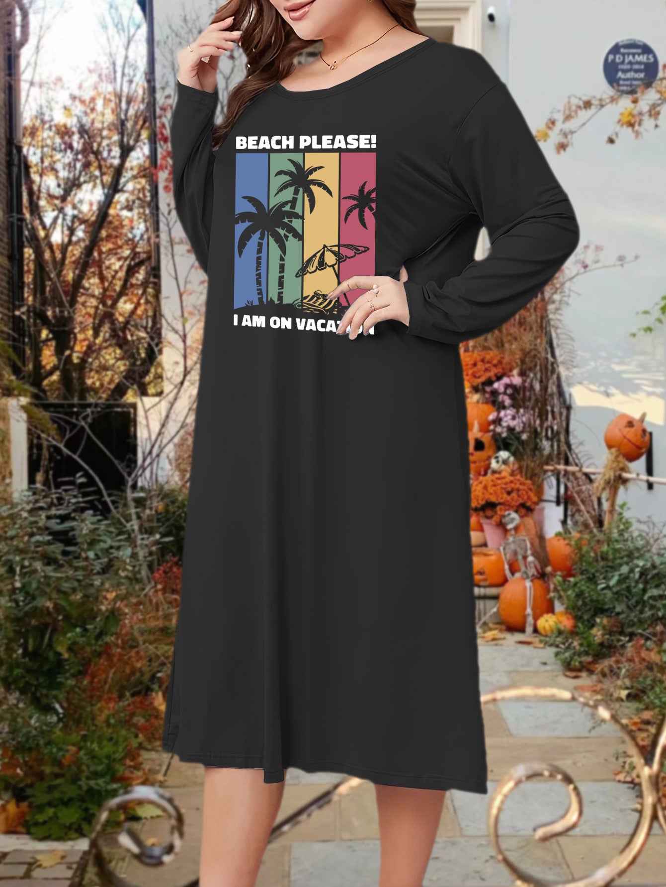 Tropical & Letter Print Long Sleeve Nightdress