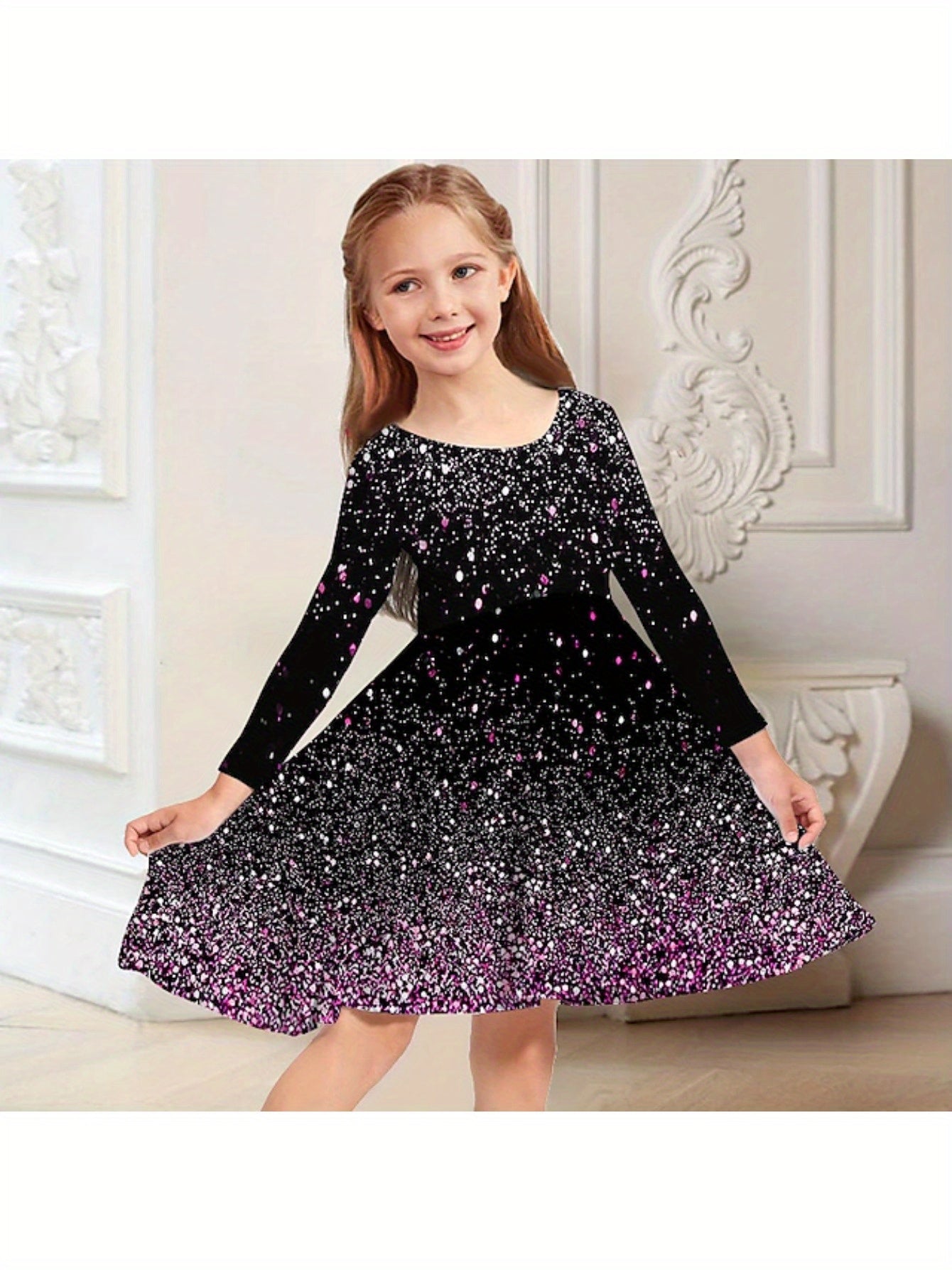 Girls Fish Scale Graphic Long Sleeve Dress For Christmas Party
