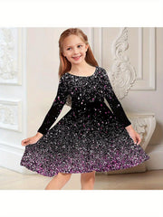 Girls Fish Scale Graphic Long Sleeve Dress For Christmas Party