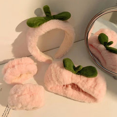 Pink Peach Plush Face Washing Hair Hoop Wrist Band Non slip Head Hoop