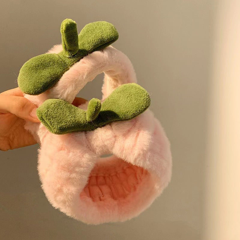 Pink Peach Plush Face Washing Hair Hoop Wrist Band Non slip Head Hoop